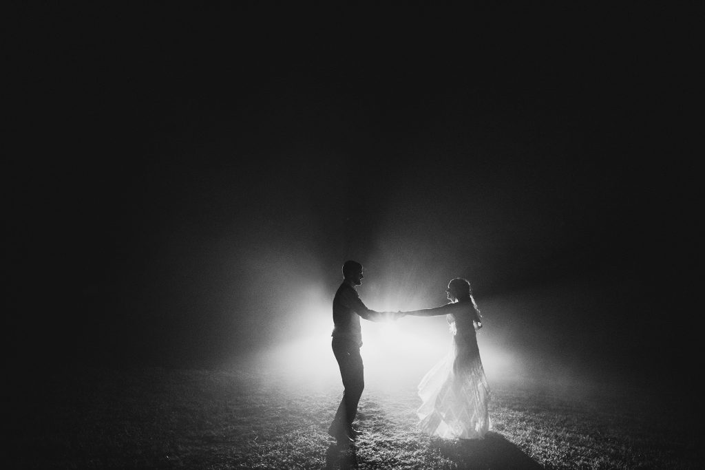 foggy wedding photos at night