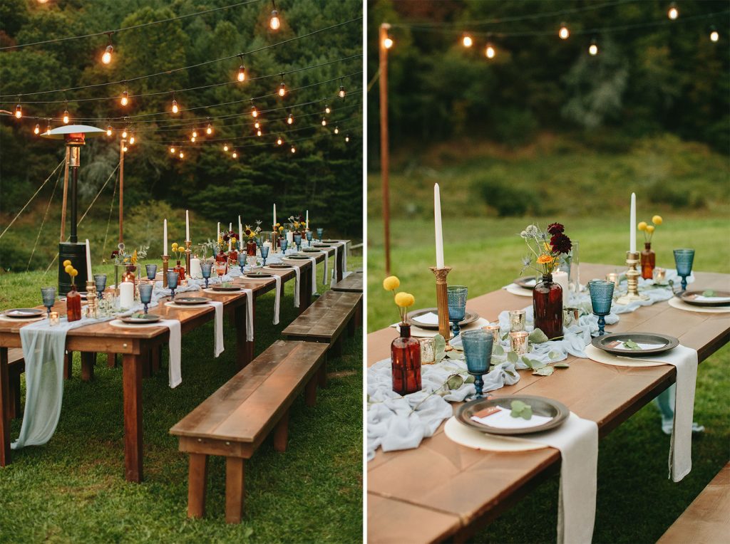 backyard wedding with farm tables